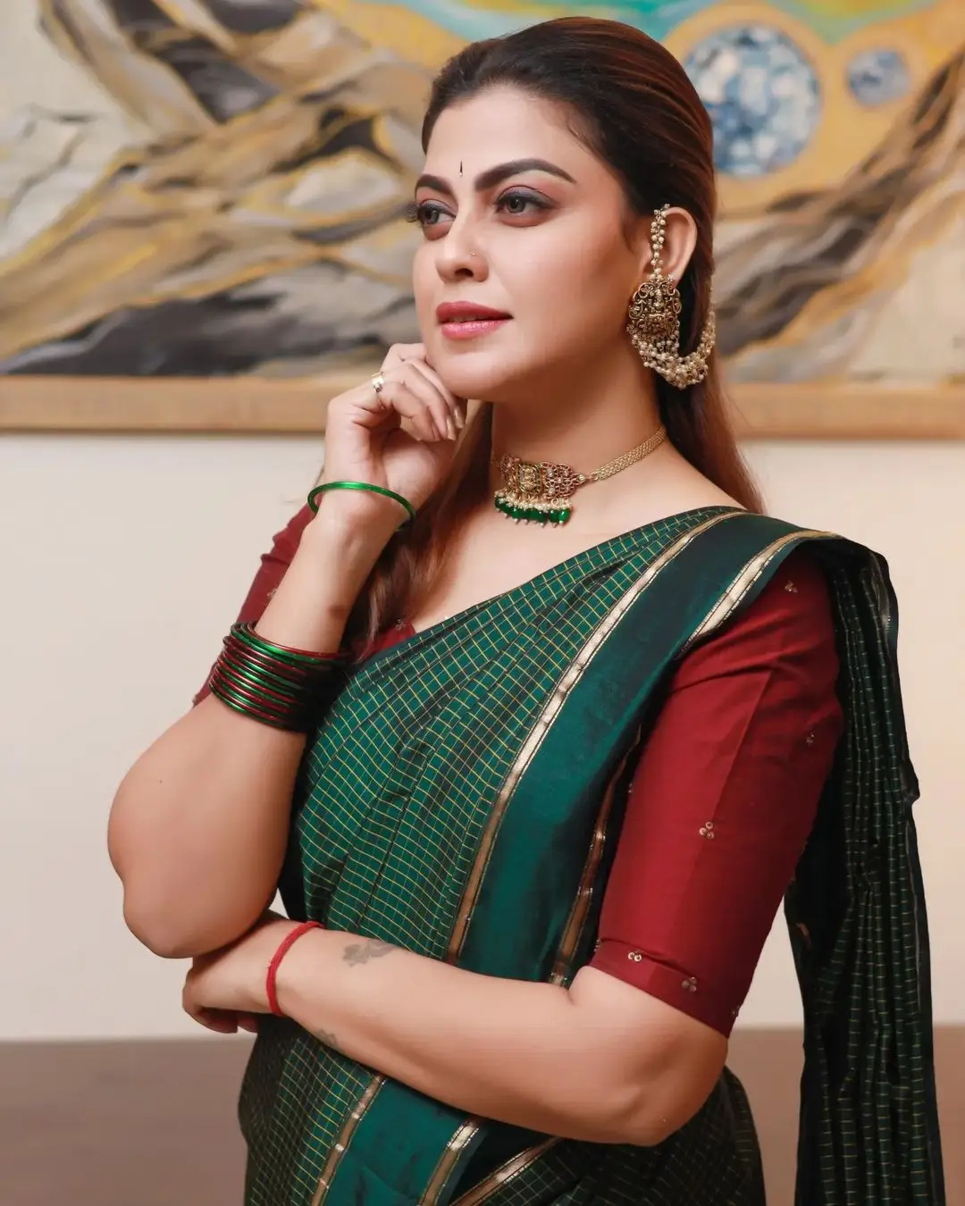 Malayalam Actress Anusree Nair in Green Saree Maroon Blouse